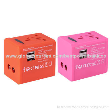 Colorful 2-USB Port International Universal Travel Adapters for Mobile Phone/Tablet, CE/RoHS/FCC/SGS